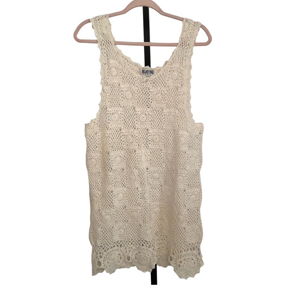Y2K Hillary Paige Sport Cream Crochet Boho Coastal Cotton Tank Swim Cover Up